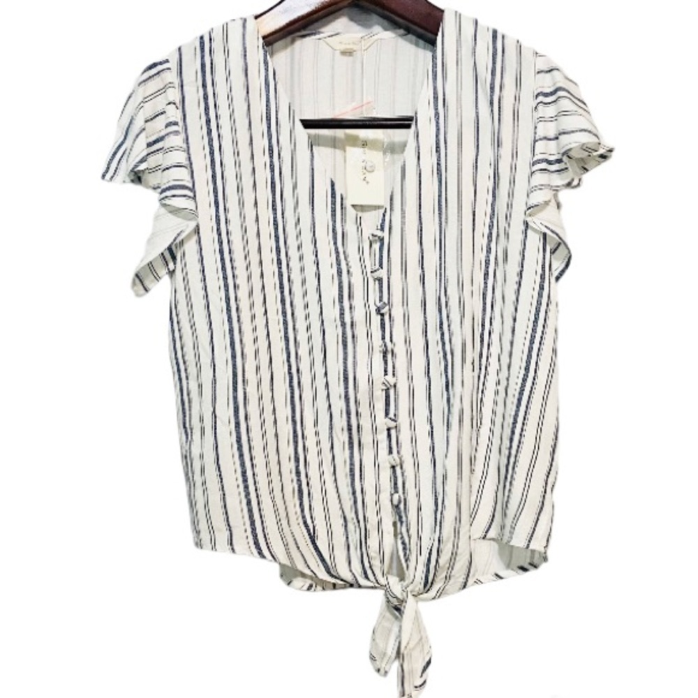NWT•Sim & Sam•blue white stripe tie up button up crop top ruffle sleeve large